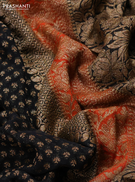 Banarasi georgette saree black and orange with allover thread & zari woven buttas and long woven border