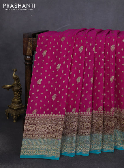 Banarasi georgette saree rani pink and teal green with allover thread & zari woven buttas and long woven border