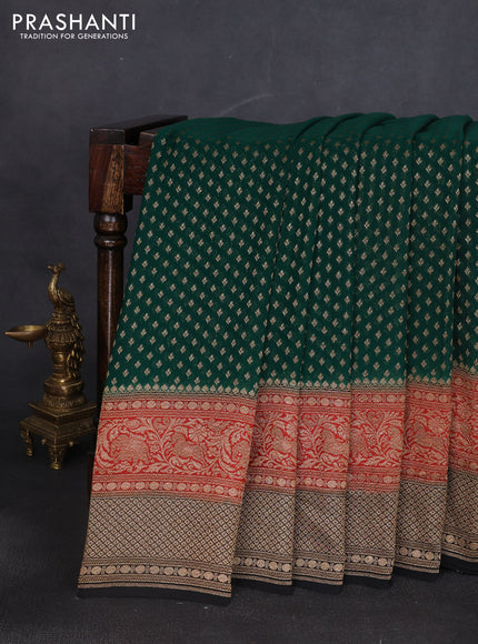 Banarasi georgette saree green and orange black with allover thread & zari woven buttas and long woven border