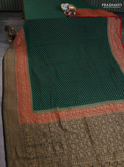 Banarasi georgette saree green and orange black with allover thread & zari woven buttas and long woven border