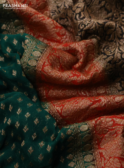 Banarasi georgette saree green and orange black with allover thread & zari woven buttas and long woven border