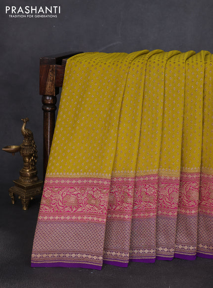 Banarasi georgette saree lime yellow and pink violet with allover thread & zari woven buttas and long woven border