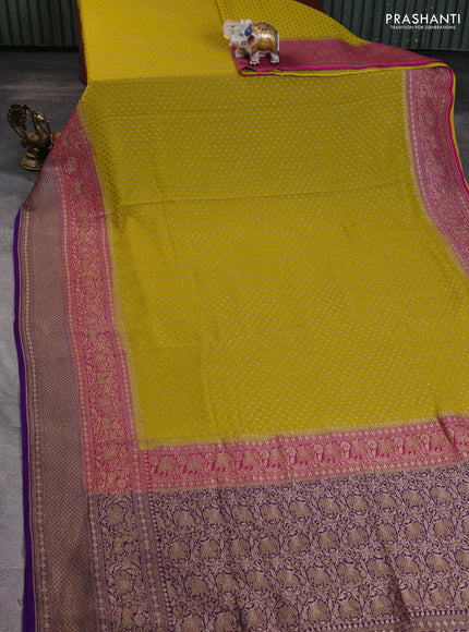 Banarasi georgette saree lime yellow and pink violet with allover thread & zari woven buttas and long woven border