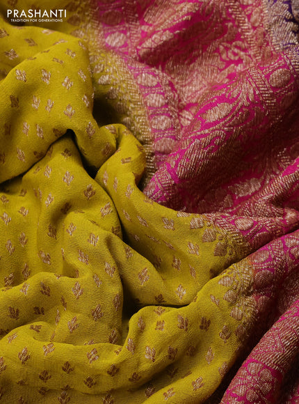 Banarasi georgette saree lime yellow and pink violet with allover thread & zari woven buttas and long woven border