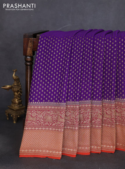 Banarasi georgette saree violet and pink orange with allover thread & zari woven buttas and long woven border