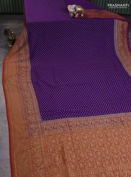 Banarasi georgette saree violet and pink orange with allover thread & zari woven buttas and long woven border