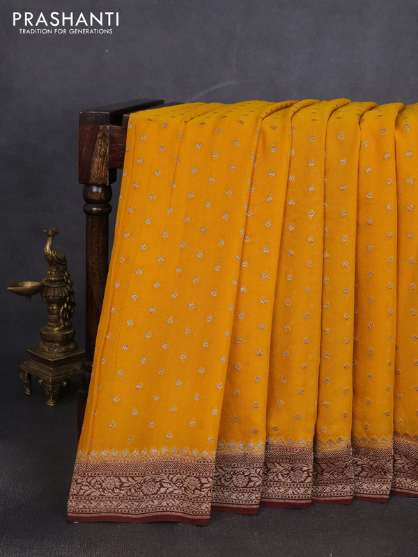 Banarasi georgette saree mustard yellow and brown with allover thread & zari woven buttas and woven border