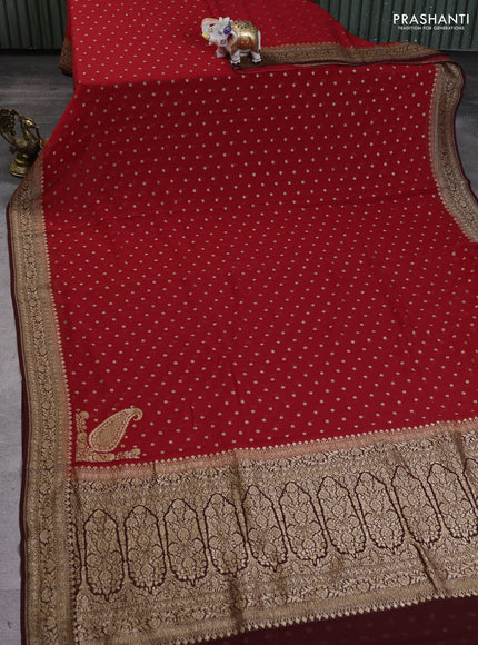 Banarasi georgette saree red and brown with allover thread & zari woven buttas and woven border