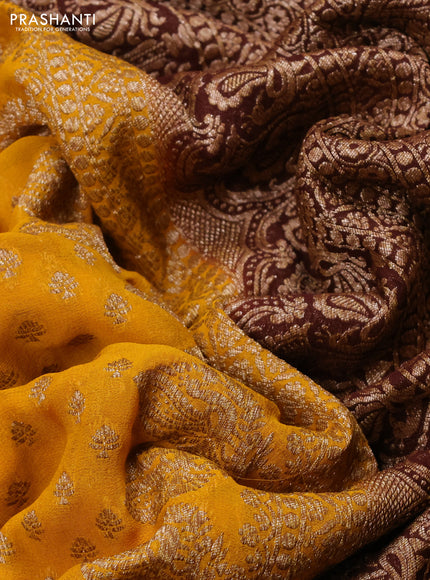 Banarasi georgette saree yellow and brown with allover thread & zari woven buttas and woven border