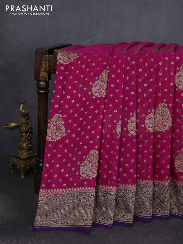 Banarasi georgette saree pink and violet with allover thread & zari woven buttas and woven border