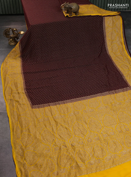 Banarasi georgette saree coffee brown and yellow with allover thread & zari woven buttas and woven border