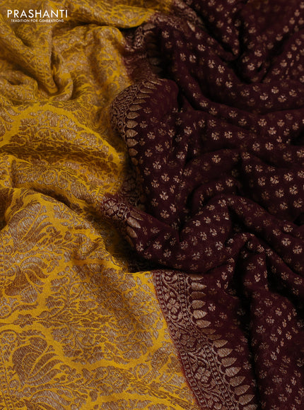Banarasi georgette saree coffee brown and yellow with allover thread & zari woven buttas and woven border