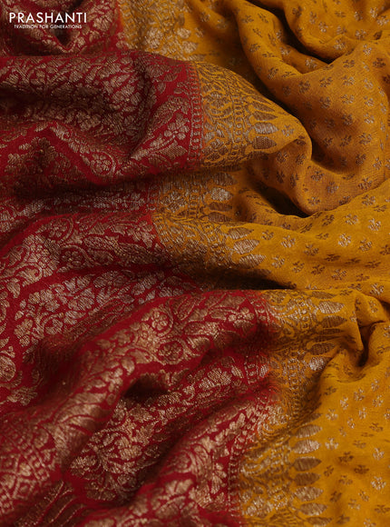 Banarasi georgette saree mango yellow and kumkum red with allover thread & zari woven buttas and woven border
