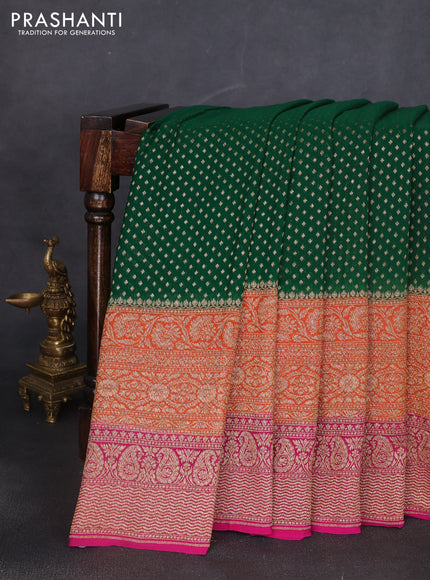 Banarasi georgette saree green and orange pink with allover thread & zari woven buttas and long woven border