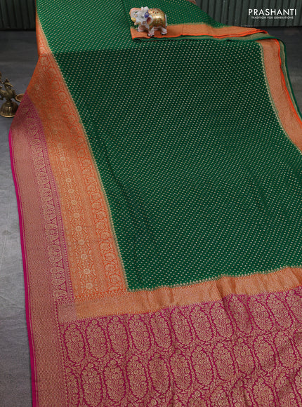 Banarasi georgette saree green and orange pink with allover thread & zari woven buttas and long woven border