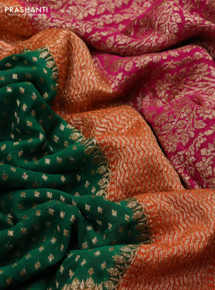 Banarasi georgette saree green and orange pink with allover thread & zari woven buttas and long woven border