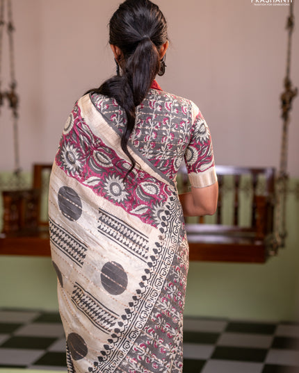 Semi chanderi saree cream and wine shade with allover zari weaves & geometric block prints and long printed border