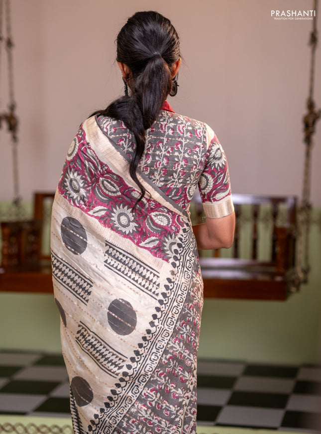 Semi chanderi saree cream and wine shade with allover zari weaves & geometric block prints and long printed border