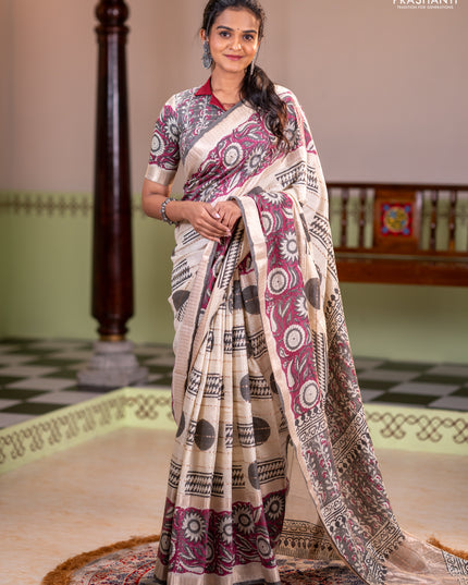 Semi chanderi saree cream and wine shade with allover zari weaves & geometric block prints and long printed border