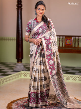 Semi chanderi saree cream and wine shade with allover zari weaves & geometric block prints and long printed border