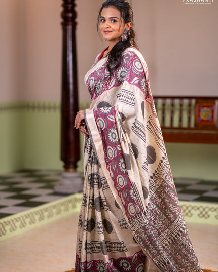 Semi chanderi saree cream and wine shade with allover zari weaves & geometric block prints and long printed border
