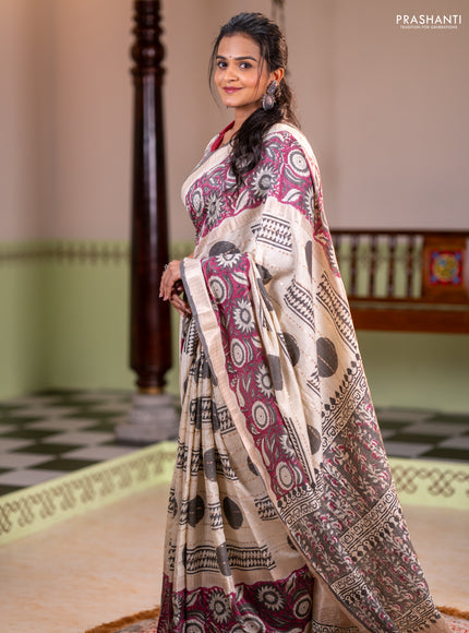 Semi chanderi saree cream and wine shade with allover zari weaves & geometric block prints and long printed border