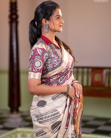 Semi chanderi saree cream and wine shade with allover zari weaves & geometric block prints and long printed border