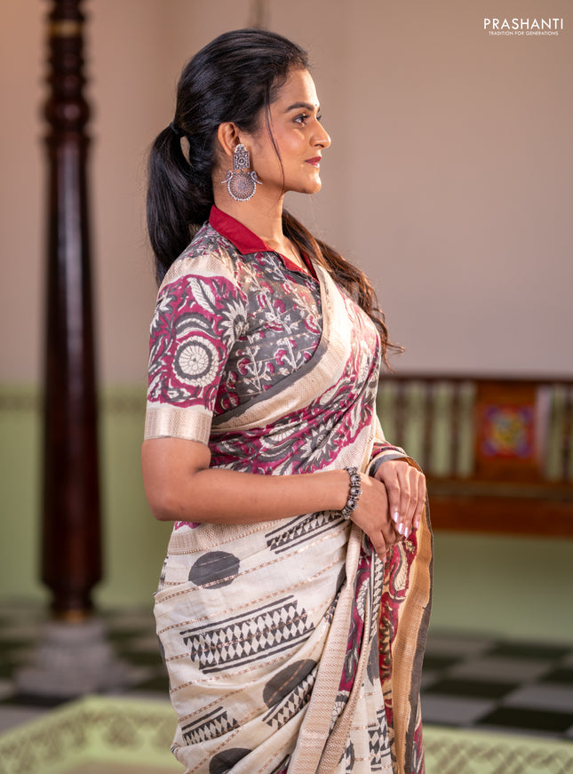 Semi chanderi saree cream and wine shade with allover zari weaves & geometric block prints and long printed border