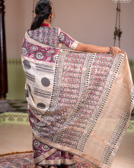 Semi chanderi saree cream and wine shade with allover zari weaves & geometric block prints and long printed border