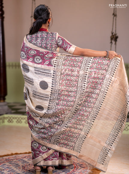Semi chanderi saree cream and wine shade with allover zari weaves & geometric block prints and long printed border