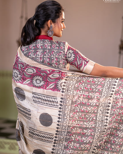 Semi chanderi saree cream and wine shade with allover zari weaves & geometric block prints and long printed border