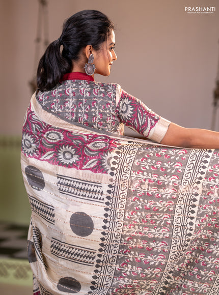 Semi chanderi saree cream and wine shade with allover zari weaves & geometric block prints and long printed border