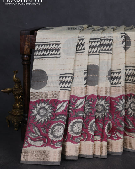 Semi chanderi saree cream and wine shade with allover zari weaves & geometric block prints and long printed border