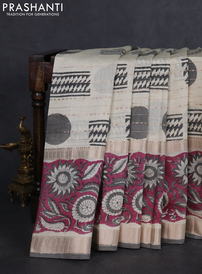 Semi chanderi saree cream and wine shade with allover zari weaves & geometric block prints and long printed border