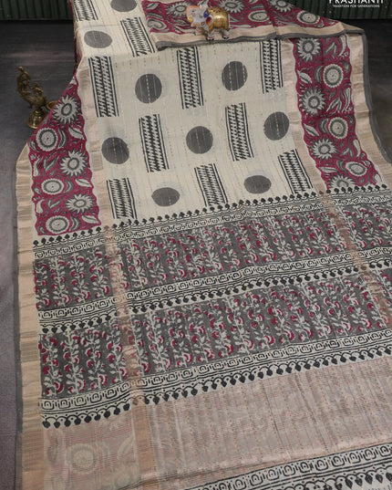 Semi chanderi saree cream and wine shade with allover zari weaves & geometric block prints and long printed border