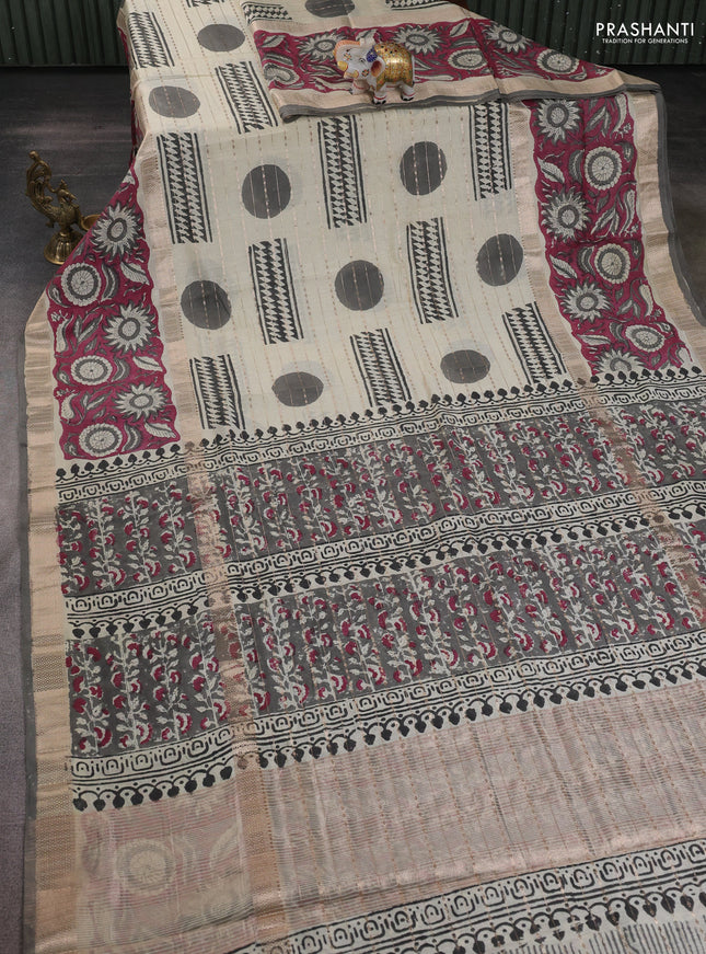 Semi chanderi saree cream and wine shade with allover zari weaves & geometric block prints and long printed border
