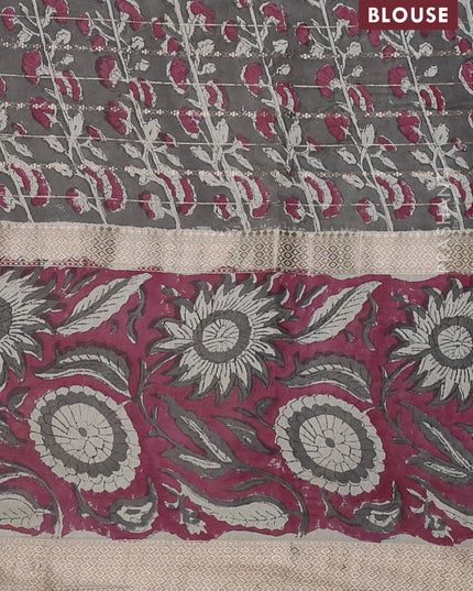 Semi chanderi saree cream and wine shade with allover zari weaves & geometric block prints and long printed border