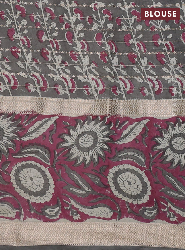 Semi chanderi saree cream and wine shade with allover zari weaves & geometric block prints and long printed border