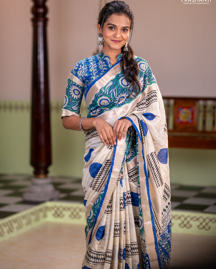 Semi chanderi saree cream and green with allover zari weaves & geometric block prints and long printed border