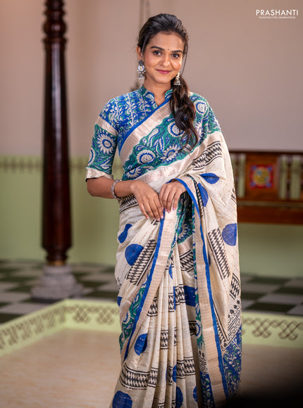 Semi chanderi saree cream and green with allover zari weaves & geometric block prints and long printed border