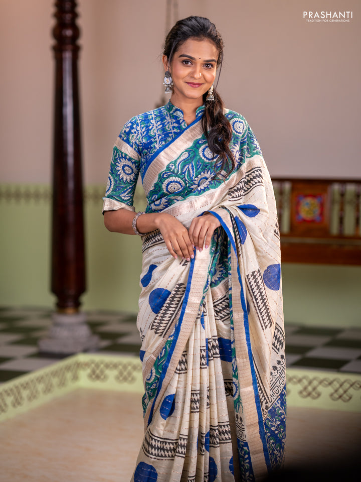 Semi chanderi saree cream and green with allover zari weaves & geometric block prints and long printed border