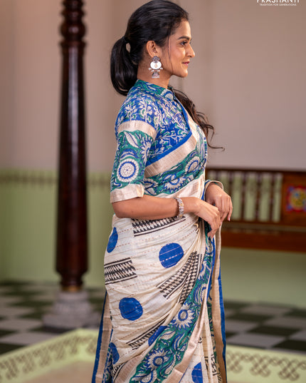 Semi chanderi saree cream and green with allover zari weaves & geometric block prints and long printed border