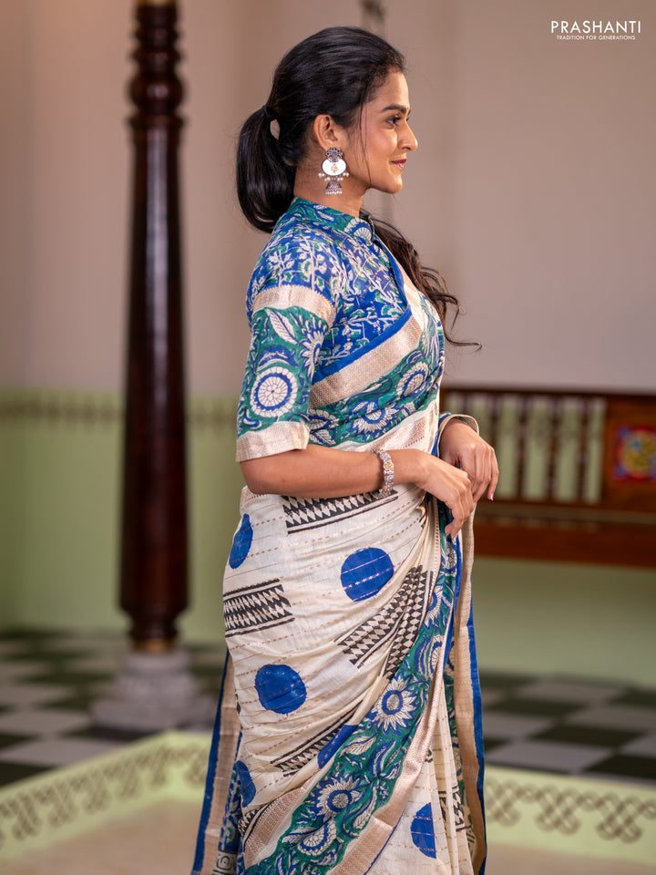 Semi chanderi saree cream and green with allover zari weaves & geometric block prints and long printed border