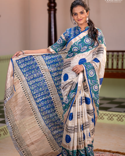 Semi chanderi saree cream and green with allover zari weaves & geometric block prints and long printed border
