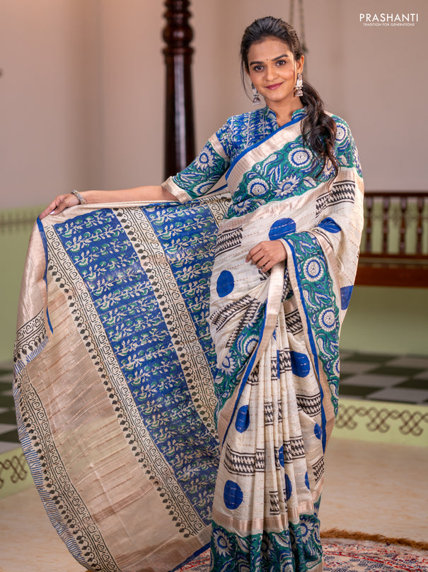 Semi chanderi saree cream and green with allover zari weaves & geometric block prints and long printed border
