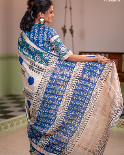 Semi chanderi saree cream and green with allover zari weaves & geometric block prints and long printed border