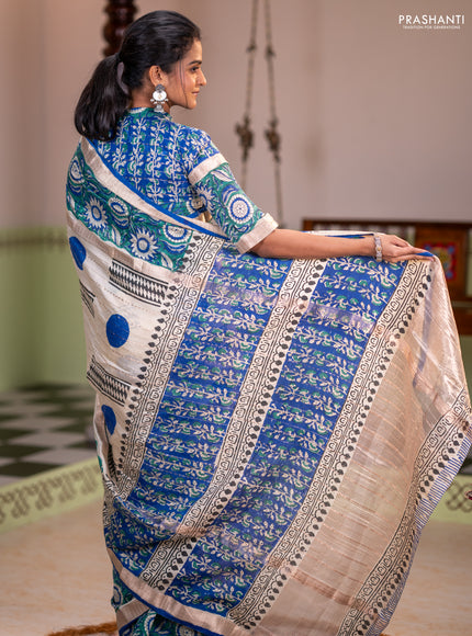 Semi chanderi saree cream and green with allover zari weaves & geometric block prints and long printed border