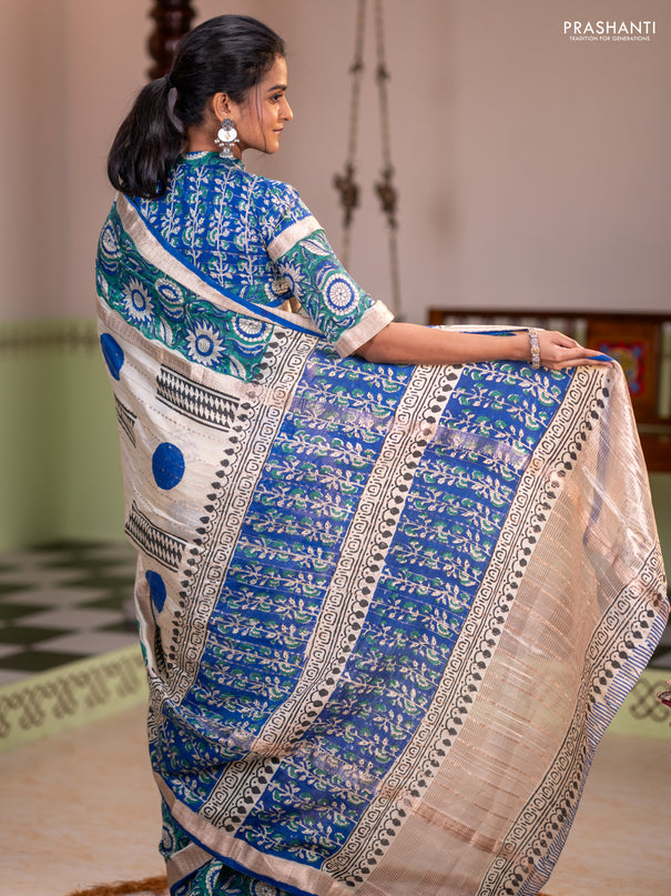 Semi chanderi saree cream and green with allover zari weaves & geometric block prints and long printed border