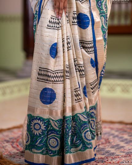 Semi chanderi saree cream and green with allover zari weaves & geometric block prints and long printed border
