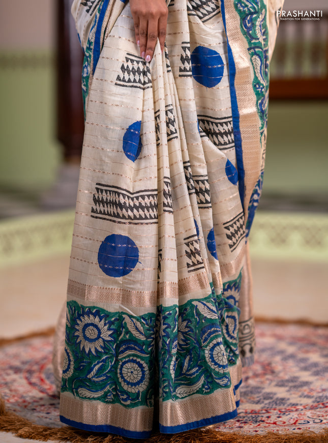 Semi chanderi saree cream and green with allover zari weaves & geometric block prints and long printed border
